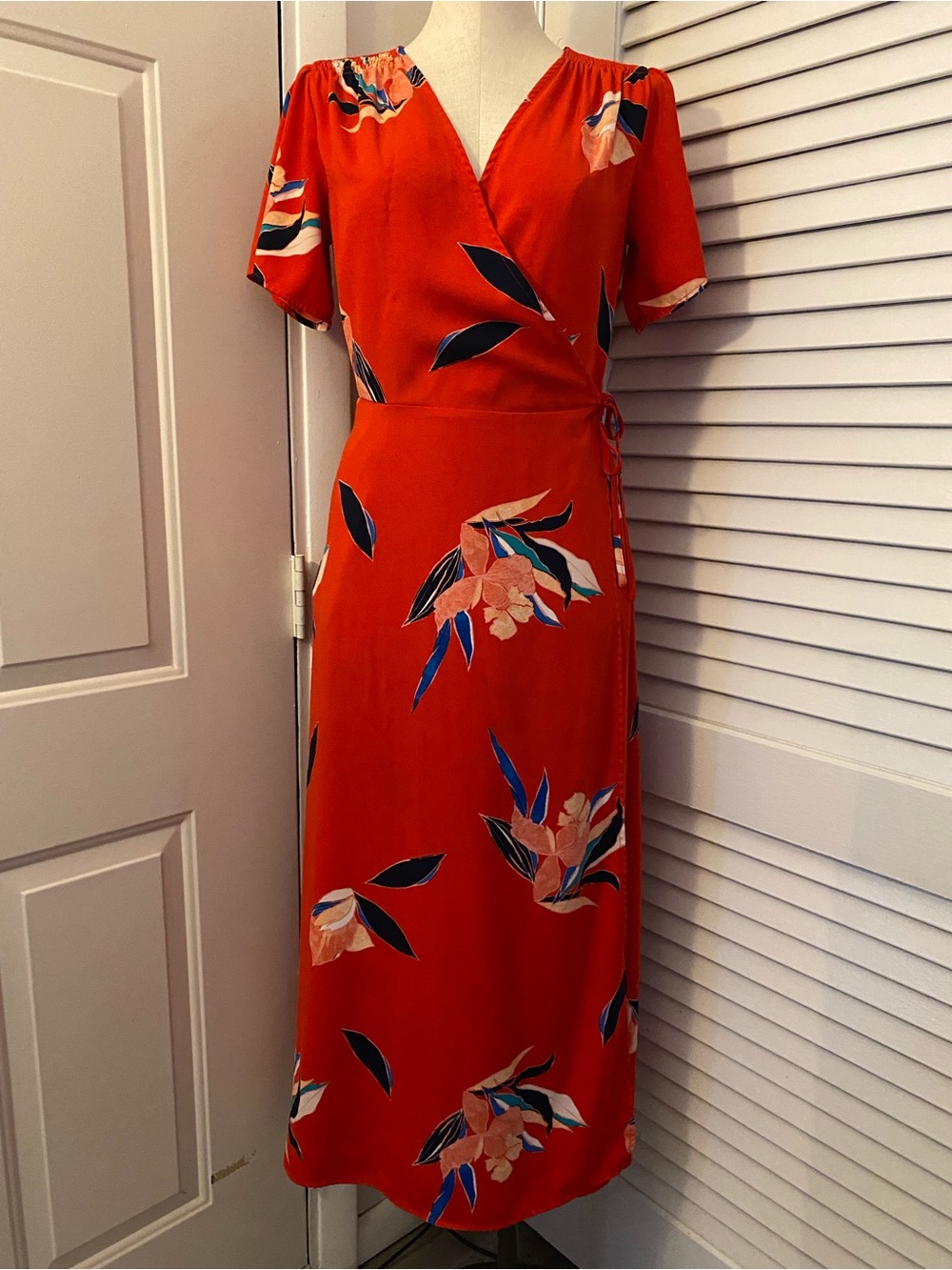 “a new day” red Floral Wrap Midi Dress with Navy & Cream Accents- Size Small